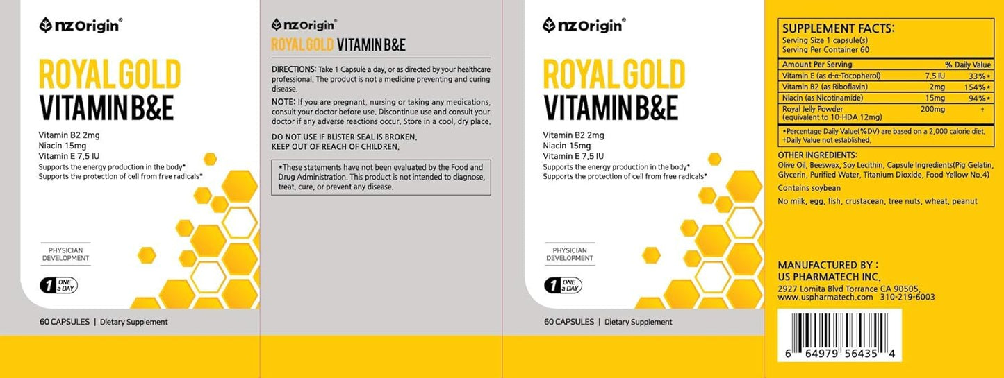 Natural NZ Origin Royal Gold Vitamin B&E Capsules for Men, Women, and Kids - 60 Count Bottle - Supports Cell Protection and Energy Production in Body - Niacin 15mg Dietary Supplement