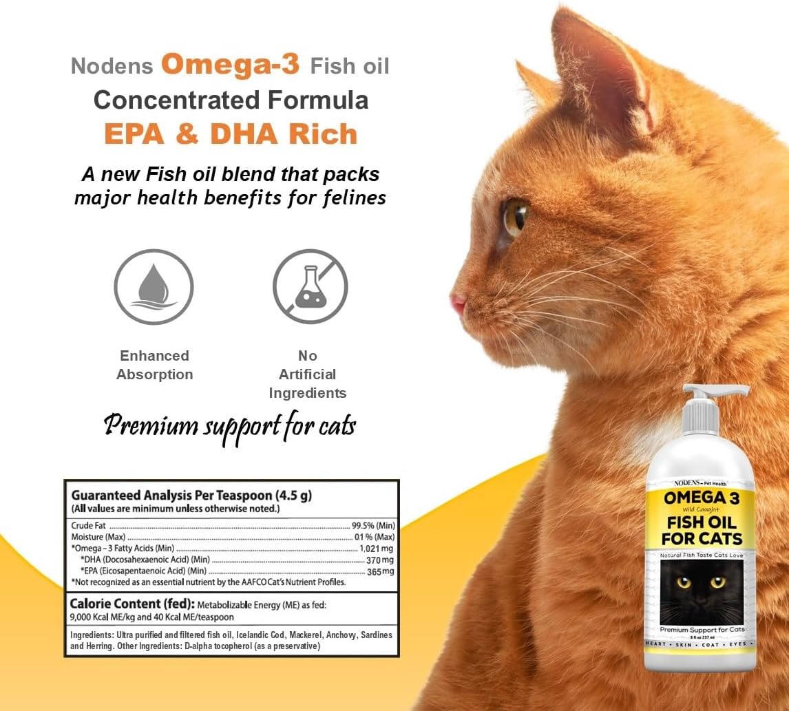 Natural Omega 3 Fish Oil Liquid for Cats - Promotes Healthy Skin, Coat, and Joints - Pet Health Supplement for Cats - Omega 3 Vitamins for Feline Wellness