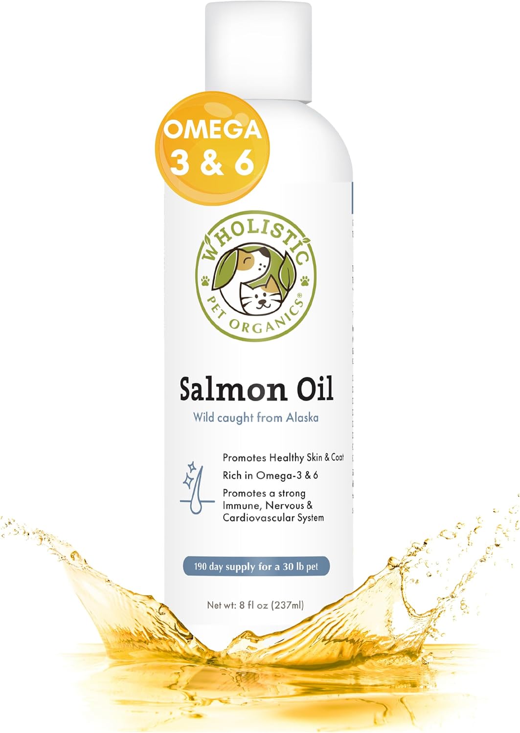 Natural Omega 3 Salmon Oil for Dogs and Cats - Alaskan Fish Oil Supplement for Skin, Coat, Heart and Nervous System Health