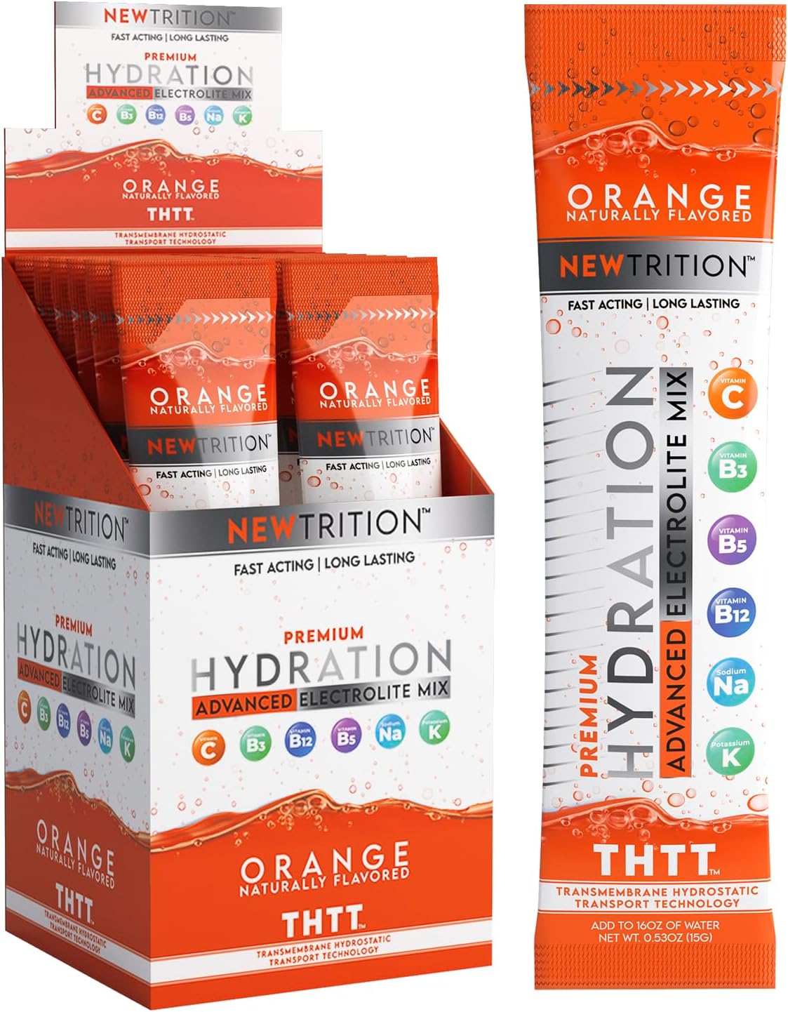 Natural Orange Flavored Electrolyte Hydration Powder Packets - 12 Servings, Fast-Acting Hydrate with Vitamins C & D for Water