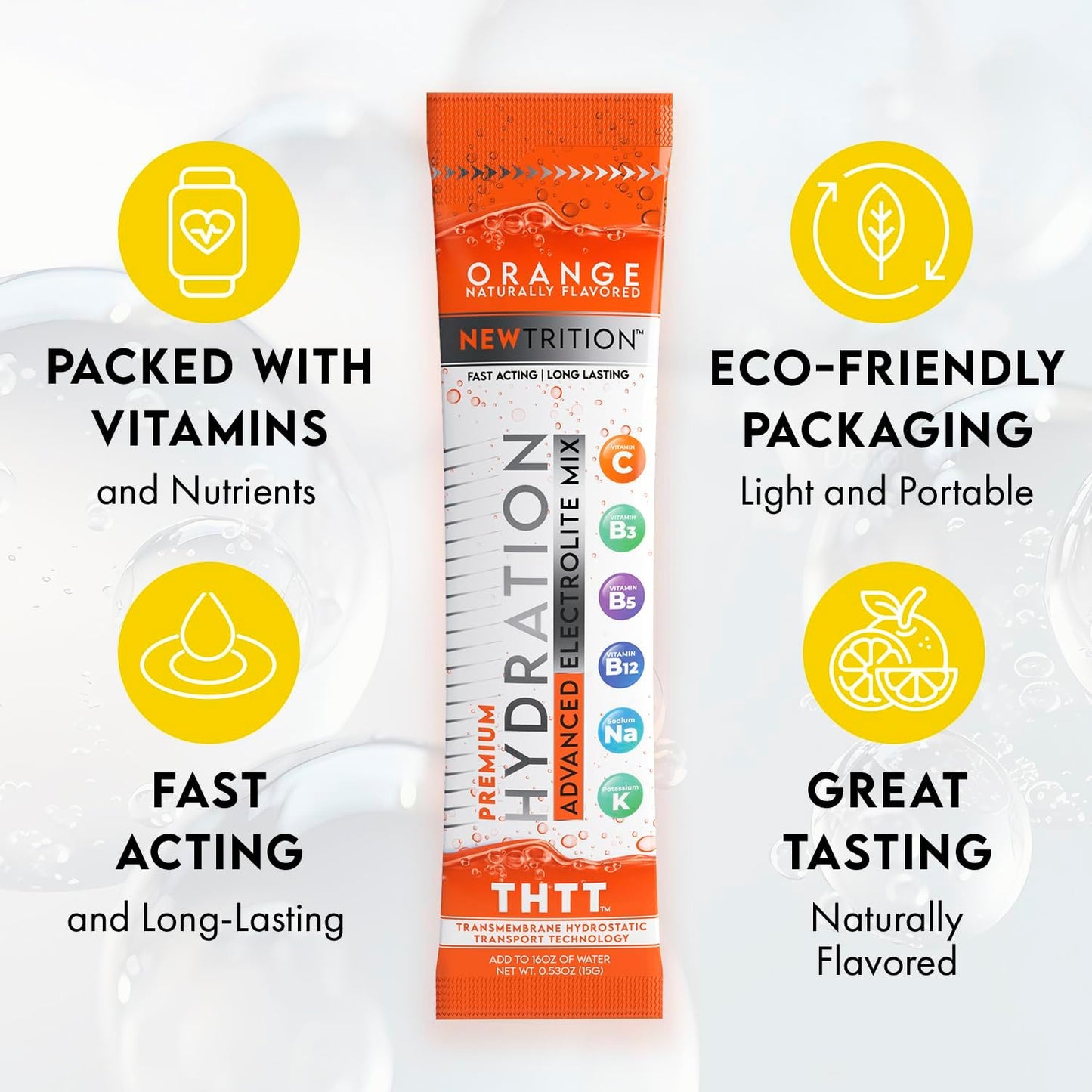 Natural Orange Flavored Electrolyte Hydration Powder Packets - 12 Servings, Fast-Acting Hydrate with Vitamins C & D for Water