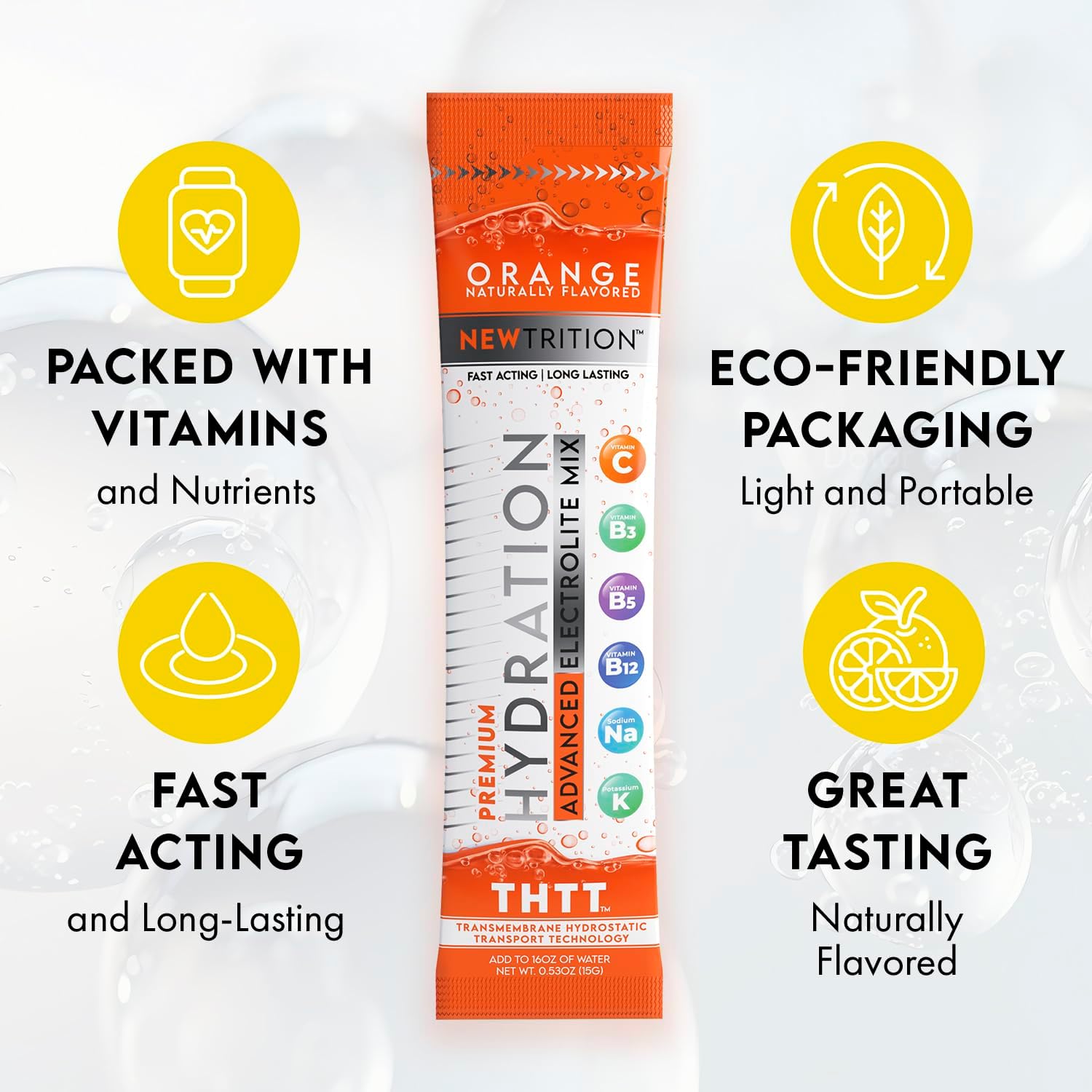 Natural Orange Flavored Electrolyte Hydration Powder Packets - 12 Servings, Fast-Acting Hydrate with Vitamins C & D for Water