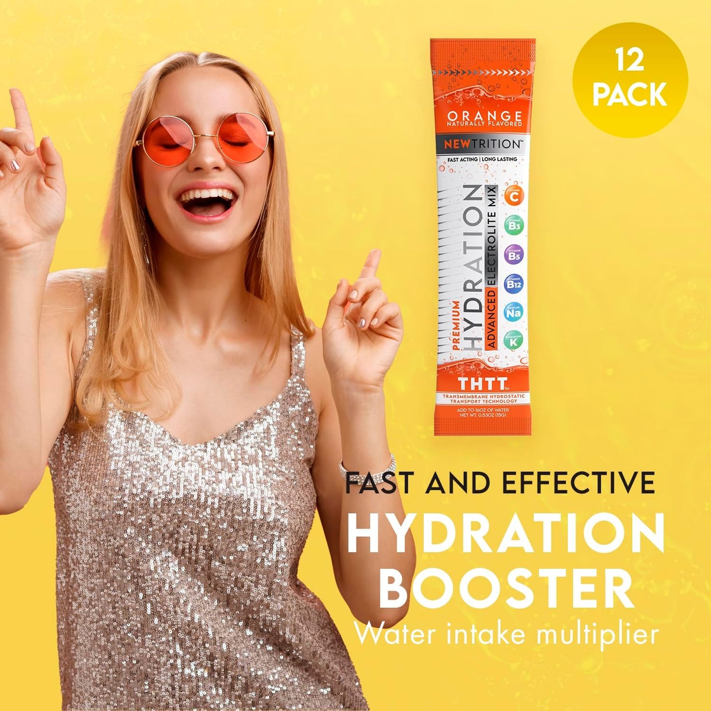 Natural Orange Flavored Electrolyte Hydration Powder Packets - 12 Servings, Fast-Acting Hydrate with Vitamins C & D for Water