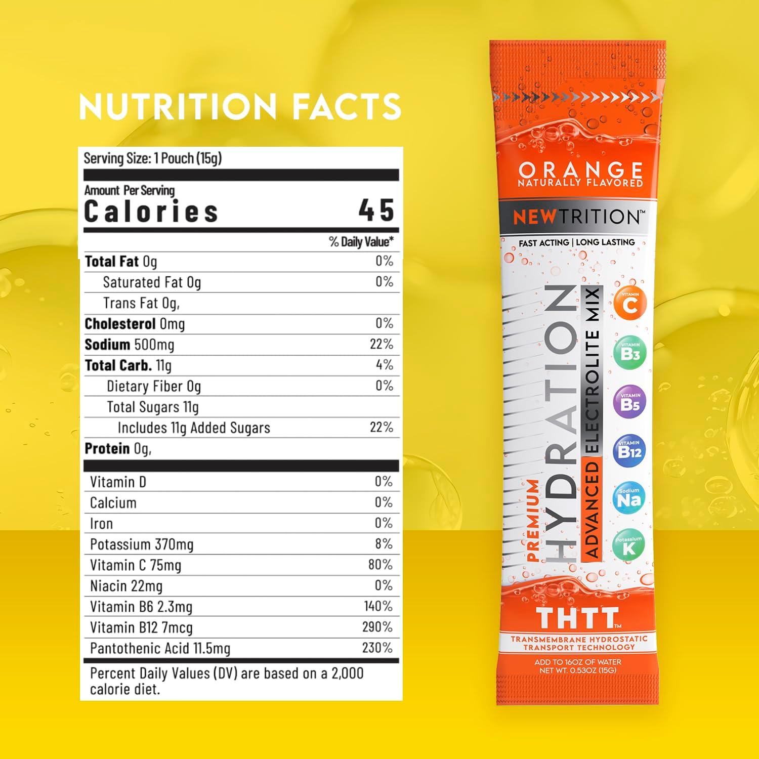 Natural Orange Flavored Electrolyte Hydration Powder Packets - 12 Servings, Fast-Acting Hydrate with Vitamins C & D for Water