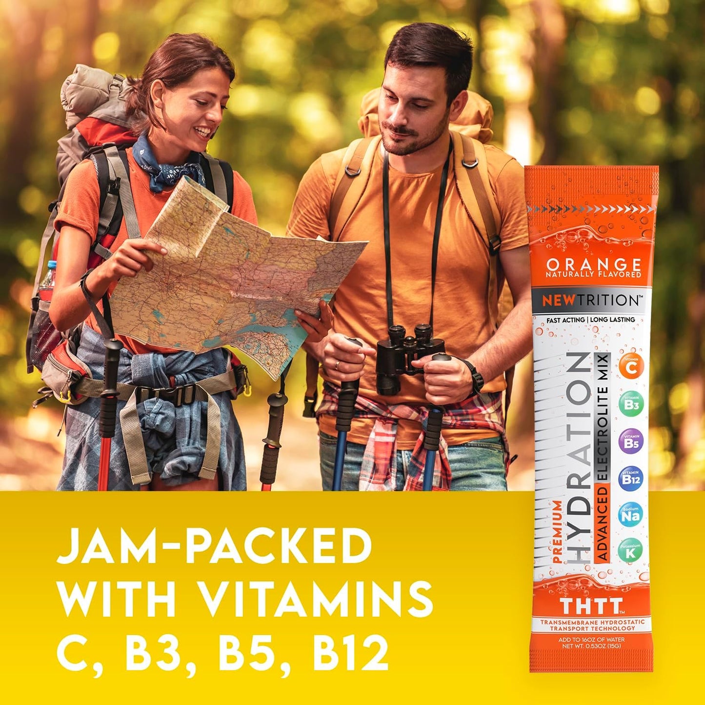 Natural Orange Flavored Electrolyte Hydration Powder Packets - 12 Servings, Fast-Acting Hydrate with Vitamins C & D for Water