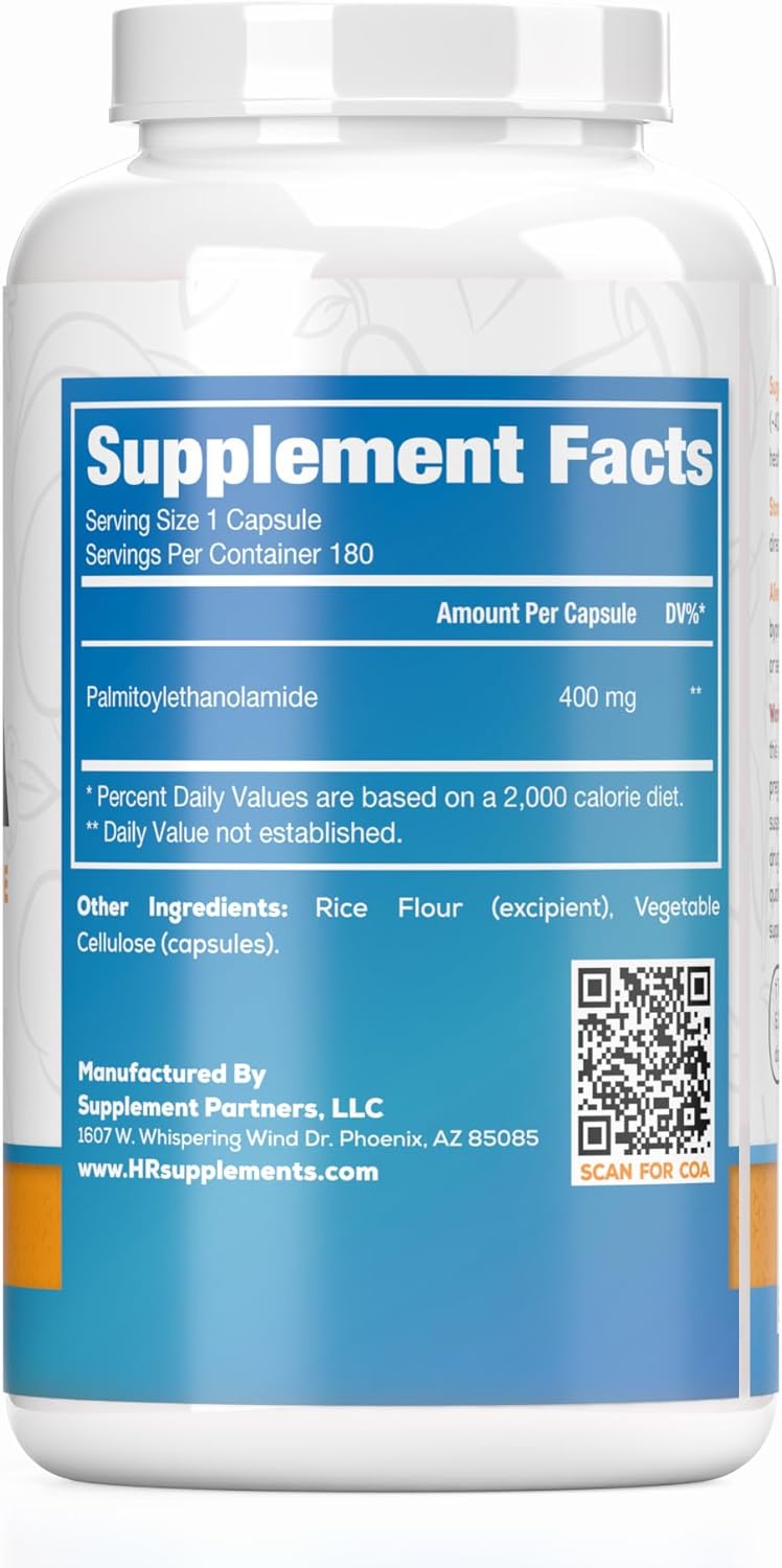 Natural Palmitoylethanolamide Capsules | 400mg | 180 Pills | Supports Natural Inflammation Relief | Lab Tested Formula