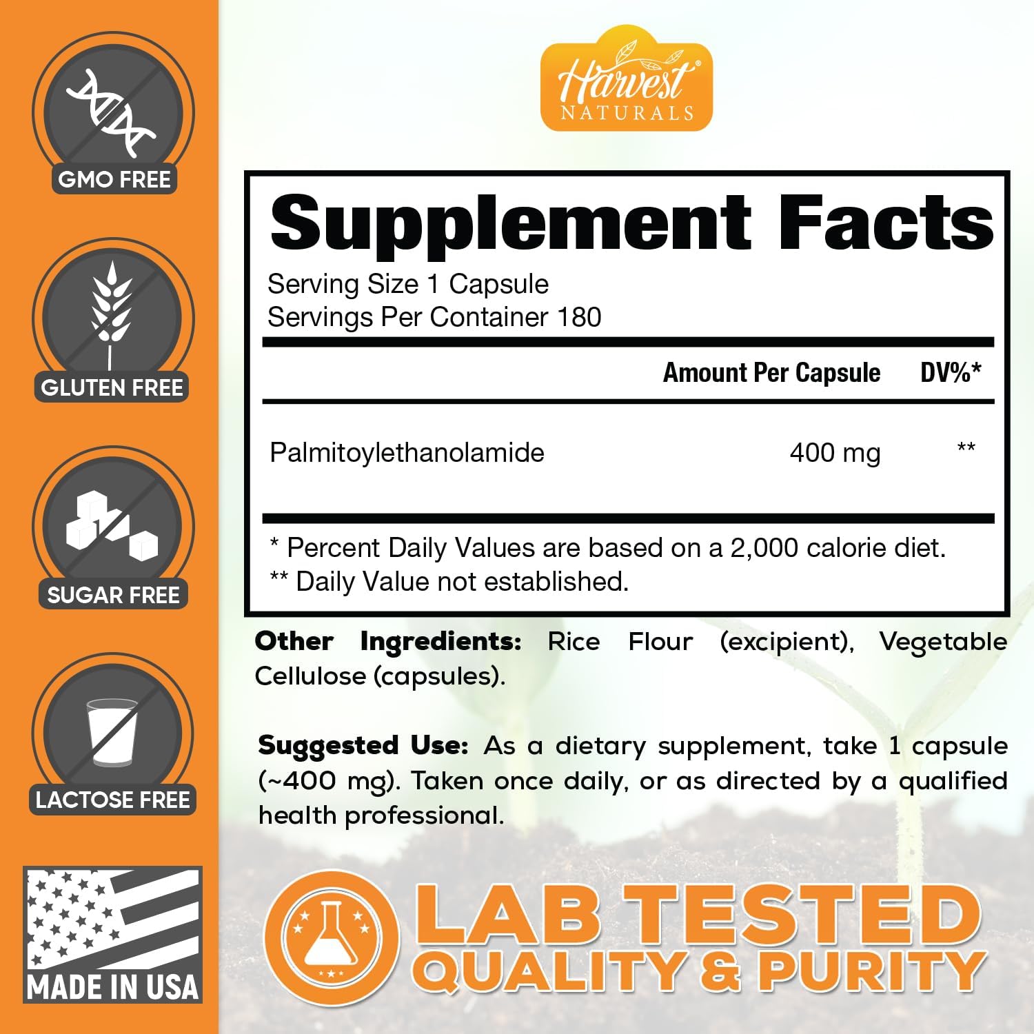 Natural Palmitoylethanolamide Capsules | 400mg | 180 Pills | Supports Natural Inflammation Relief | Lab Tested Formula