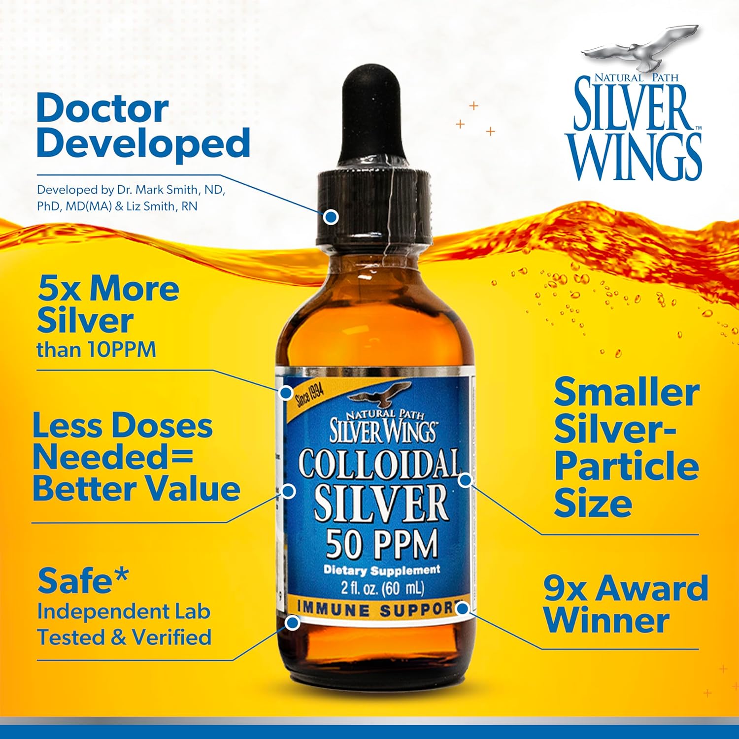 Natural Path Silver Wings Colloidal Silver Liquid Spray - Immune Support Supplement - 50ppm Concentration - 2oz Bottle