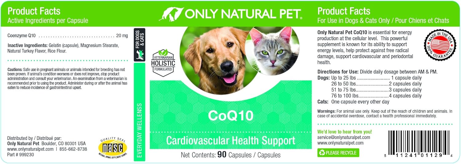 Natural Pet CoQ10 Supplement for Dogs & Cats, Heart Health Support - 90 Capsules
