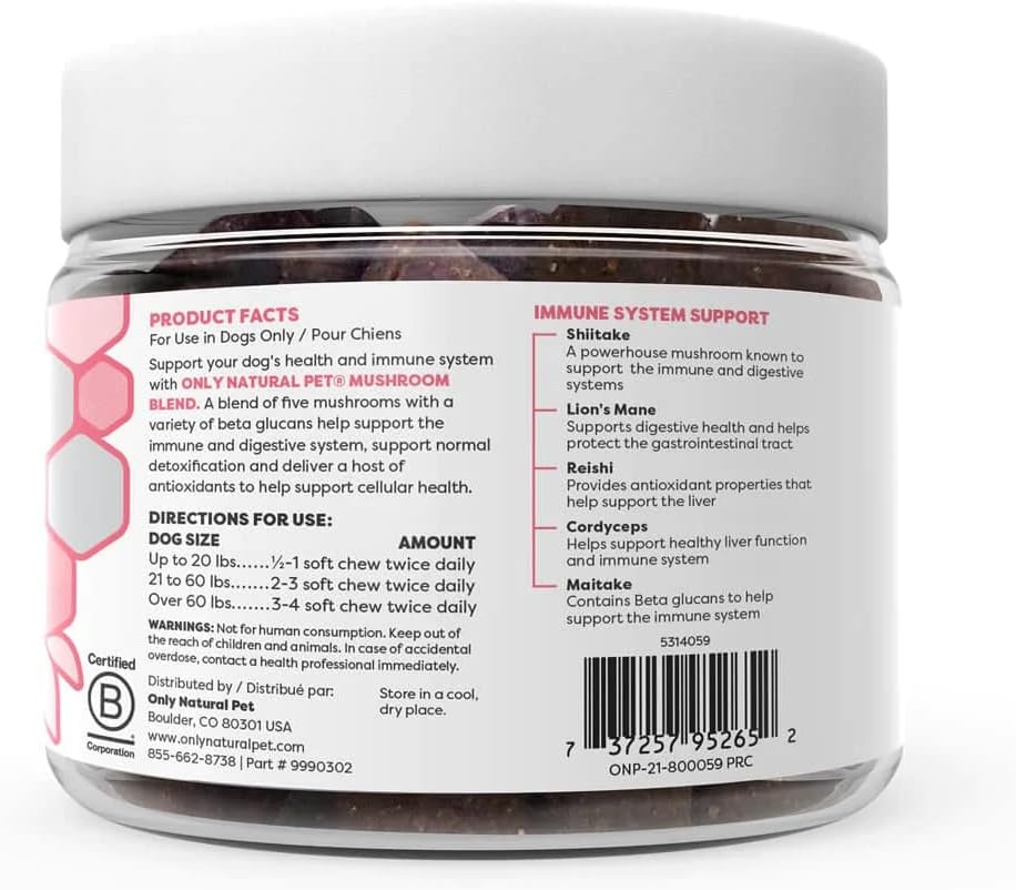 Natural Pet Mushroom Blend Immune System Support Soft Chews for Dogs - Boost Cellular, Digestive, & Liver Health - Multivitamin Beta-Glucan & Antioxidant - Bacon Flavor - 60 Chews