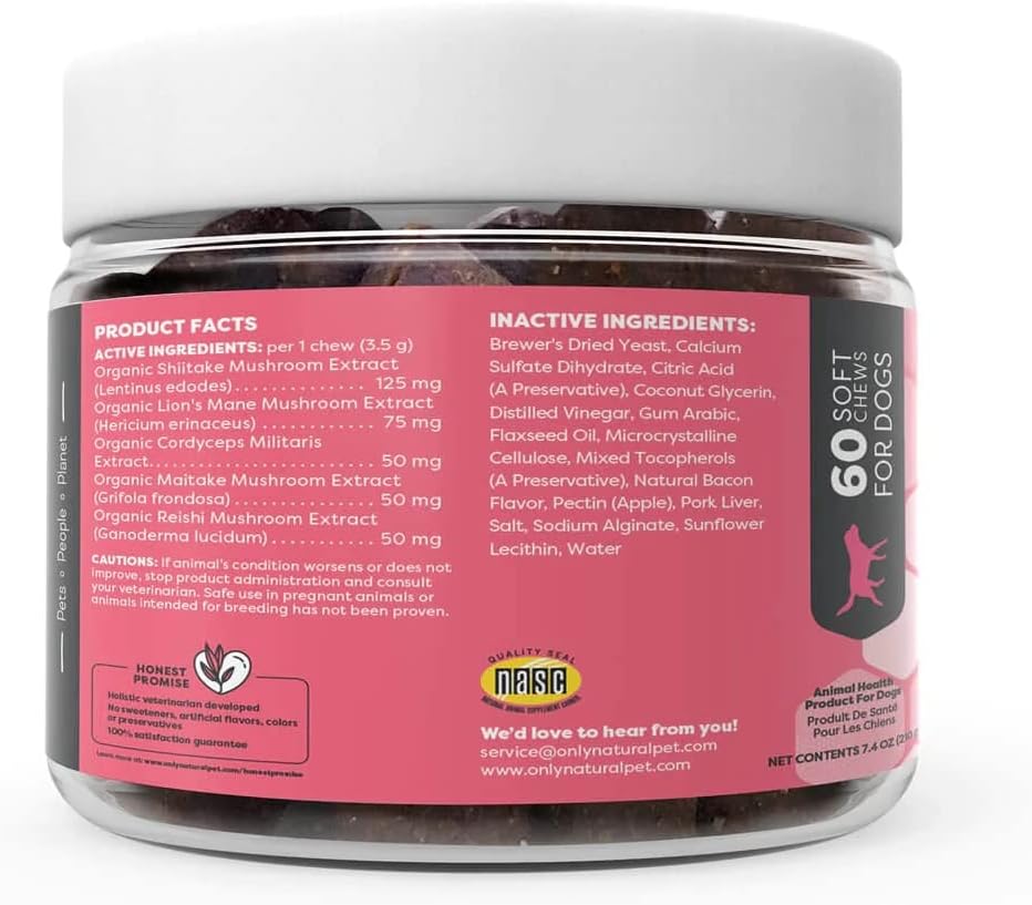 Natural Pet Mushroom Blend Immune System Support Soft Chews for Dogs - Boost Cellular, Digestive, & Liver Health - Multivitamin Beta-Glucan & Antioxidant - Bacon Flavor - 60 Chews