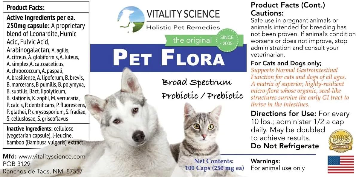 Natural Pet Probiotic Capsules for Cats & Dogs | Supports Digestive Health, Skin, & More - Additive-Free Pet Flora Supplement (50 Capsules)