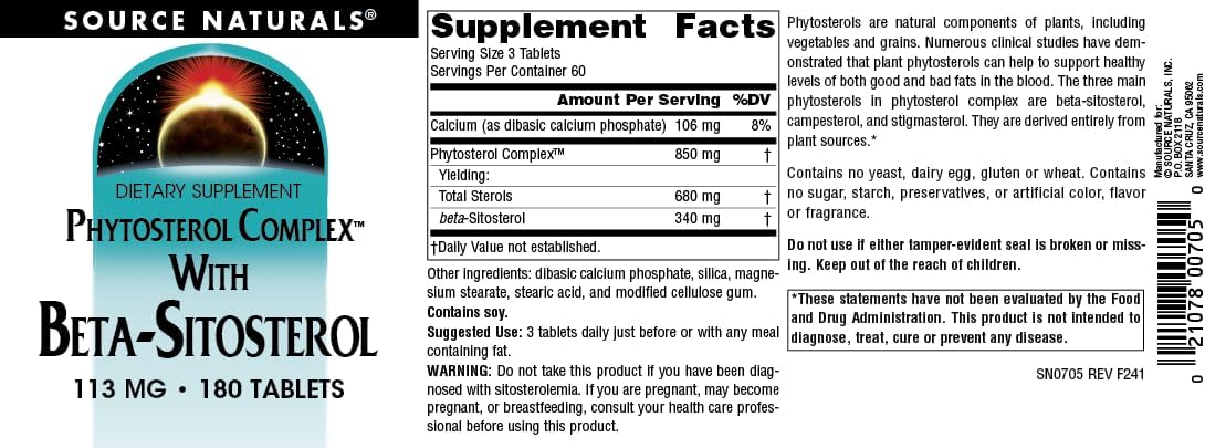 Natural Phytosterol Complex with Beta-Sitosterol for Healthy Cholesterol Levels - 180 Tablets
