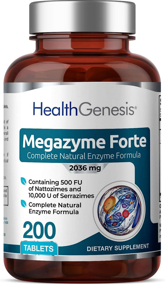 Natural Plant Proteolytic Enzymes for Digestive & Immune Support - Health Genesis Megazyme Forte 200 Tablets with Nattozimes & Serrazimes