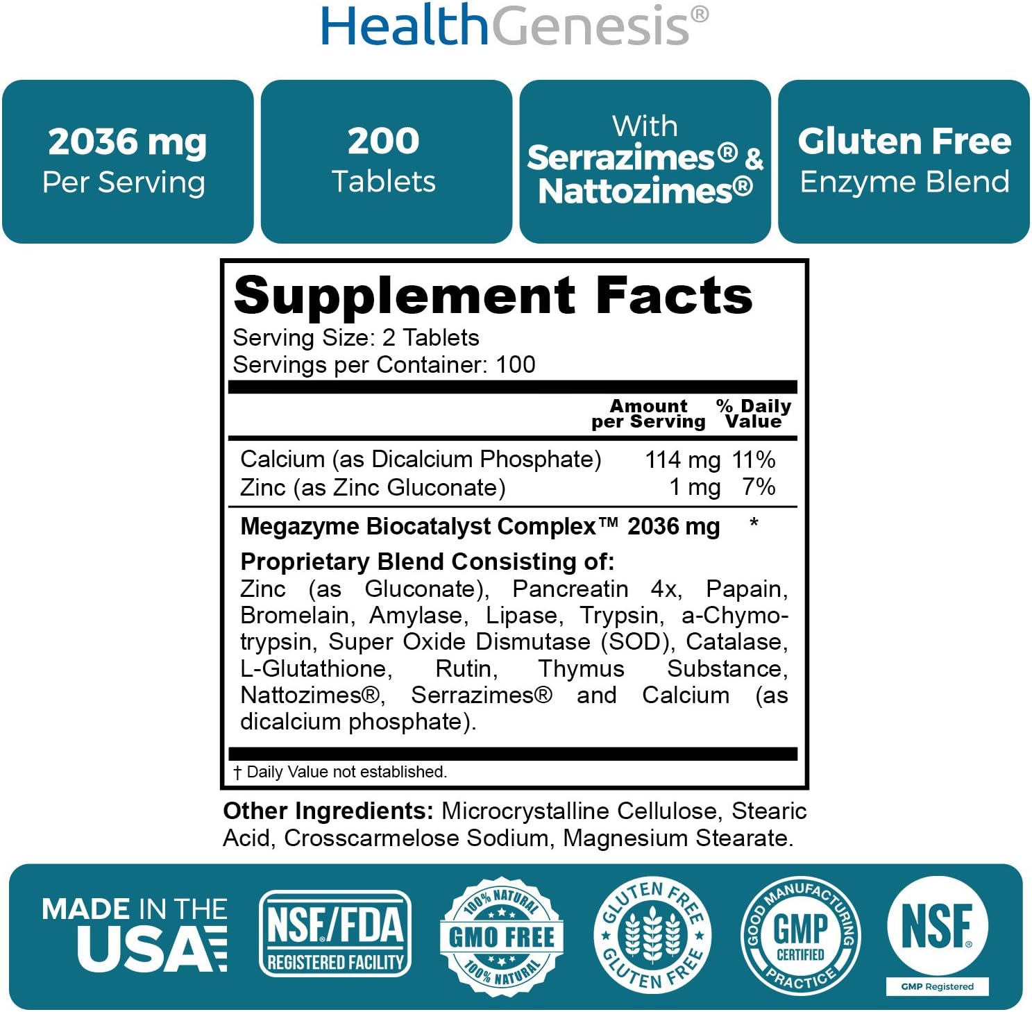 Natural Plant Proteolytic Enzymes for Digestive & Immune Support - Health Genesis Megazyme Forte 200 Tablets with Nattozimes & Serrazimes