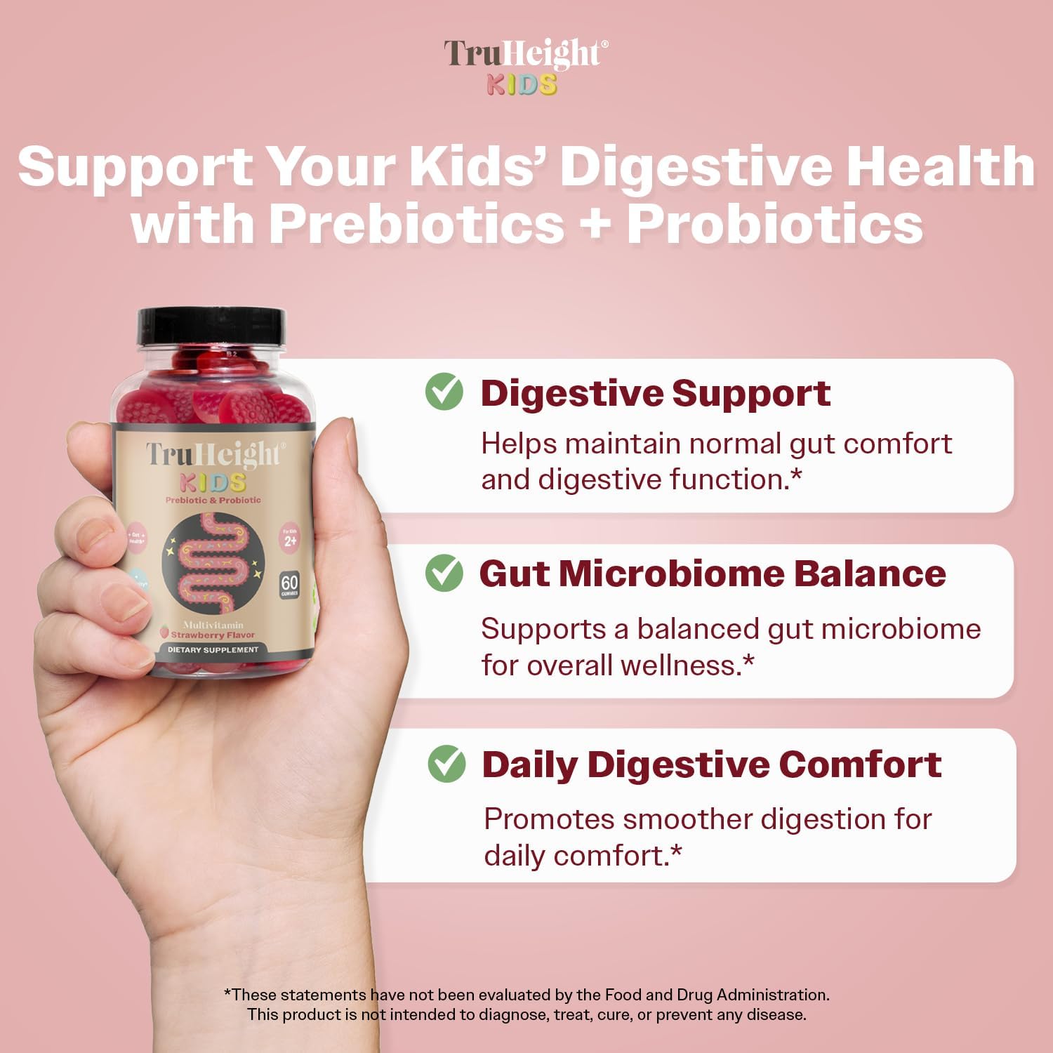 Natural Prebiotic & Probiotic Gummies for Kids 2+ - Strawberry Flavored Digestive Health & Immune Support Supplement - Pediatric Recommended, Vegan & NonGMO