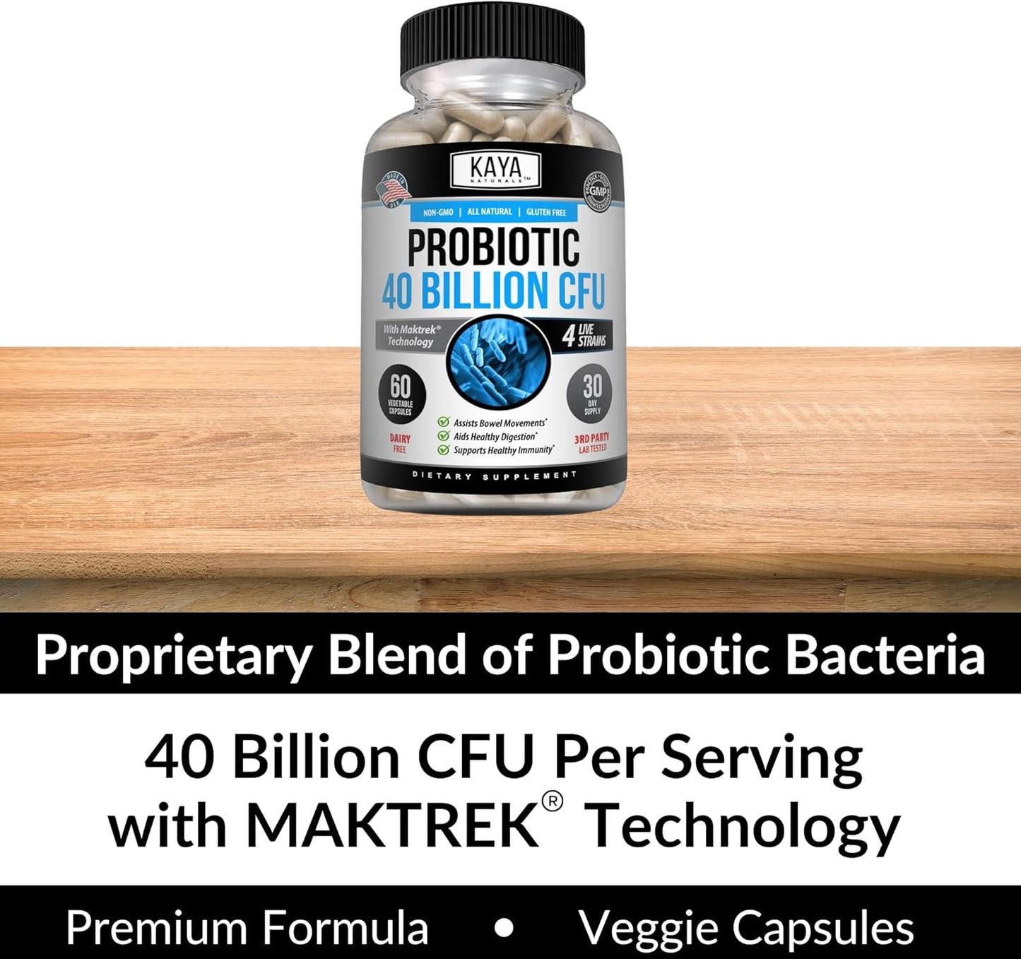Natural Probiotic 40 Billion CFU for Women, Men, and Adults | Gut Health & Immune Support Supplement | Digestive Support with 60 Vegetable Capsules