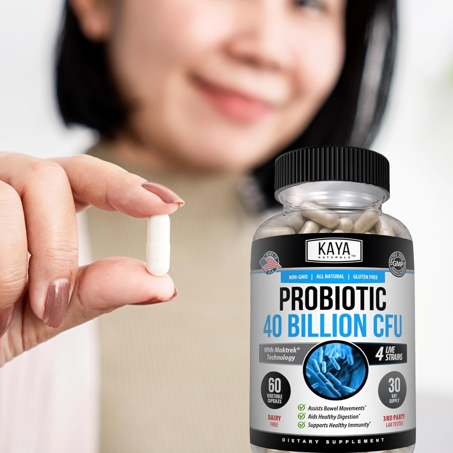 Natural Probiotic 40 Billion CFU for Women, Men, and Adults | Gut Health & Immune Support Supplement | Digestive Support with 60 Vegetable Capsules