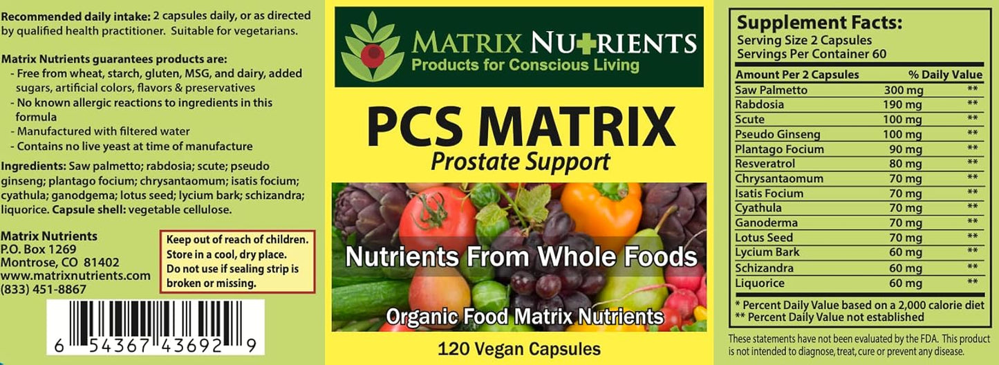 Natural Prostate Health Supplement - Matrix Nutrients PCS Matrix Capsules with Saw Palmetto & Ganoderma - Lower PSA Levels - Vegan Formula (120ct)
