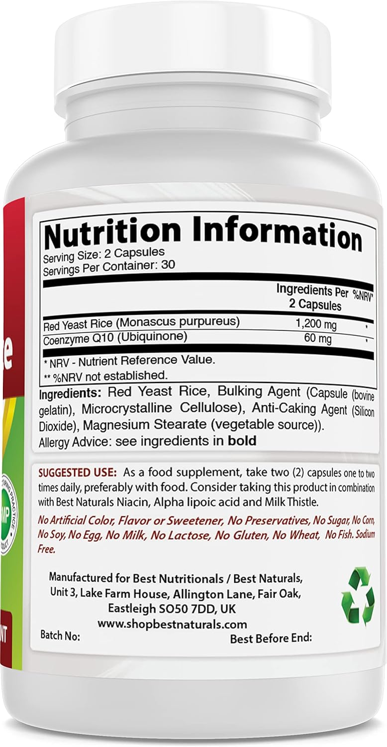 Natural Red Yeast Rice with COQ10 Capsules - 600mg Red Yeast Rice, 30mg CoQ10 - 60 Count