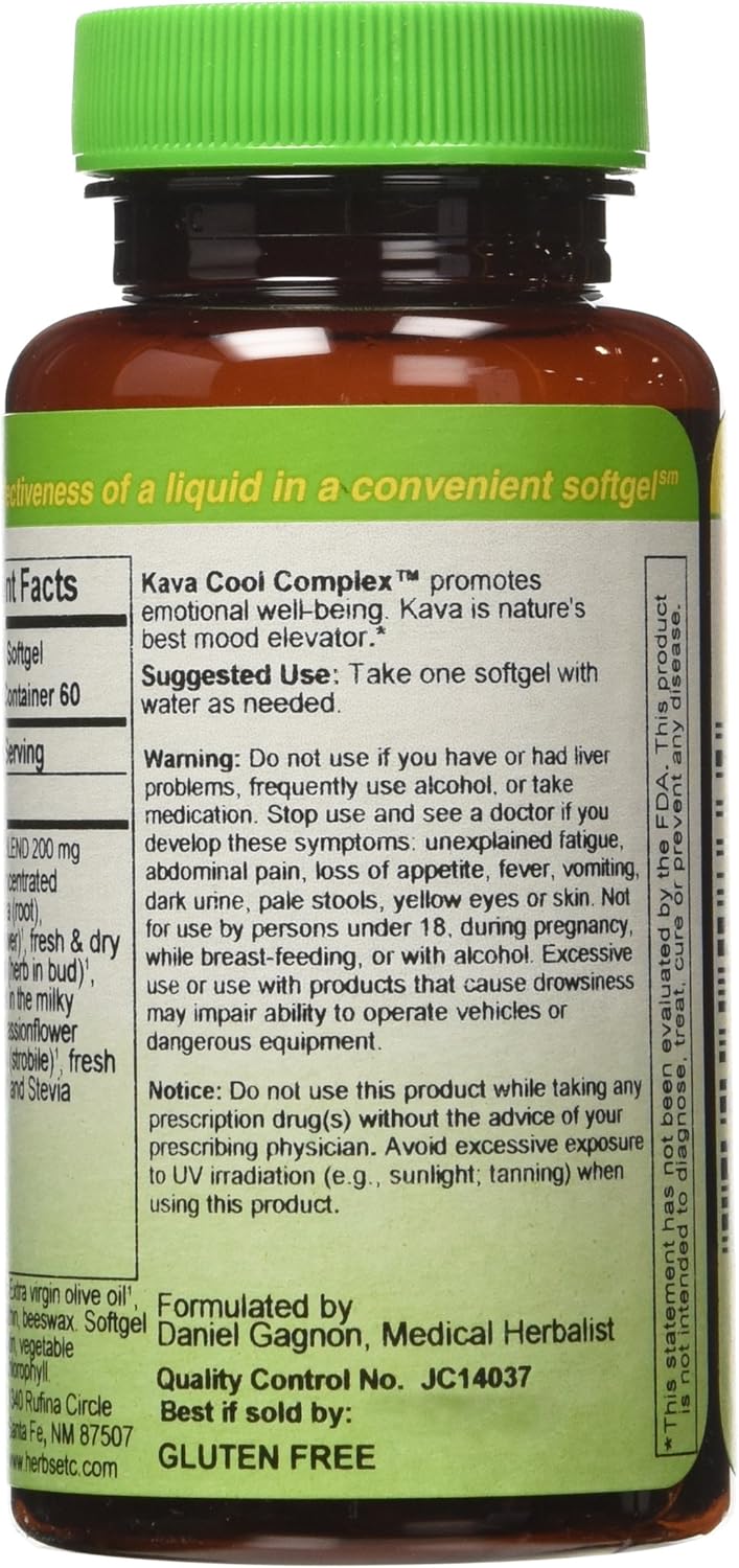 Natural Relaxation Support with Herbs Etc. Kava Cool Complex Softgels - Restful Sleep Aid - Nerve Soothing Herbal Supplement - 60 Servings