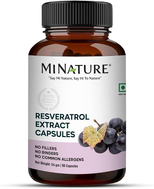 Natural Resveratrol Extract Capsules - 500mg, 90 Veg Capsules, Vegan, Chemical & Preservative Free - Made in India