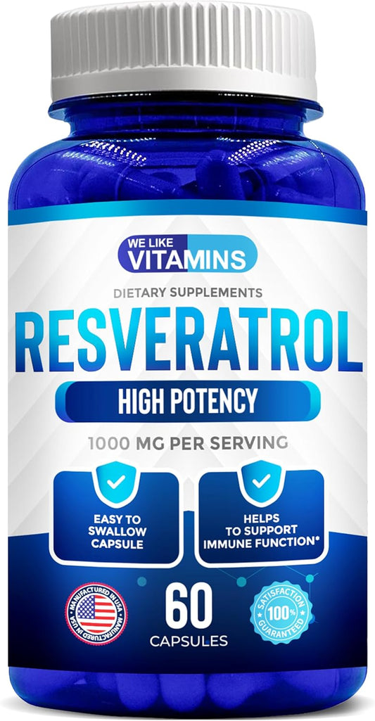 Natural Resveratrol Supplement 1000mg - 60 Veggie Capsules - Anti-Aging & Immune Support Formula
