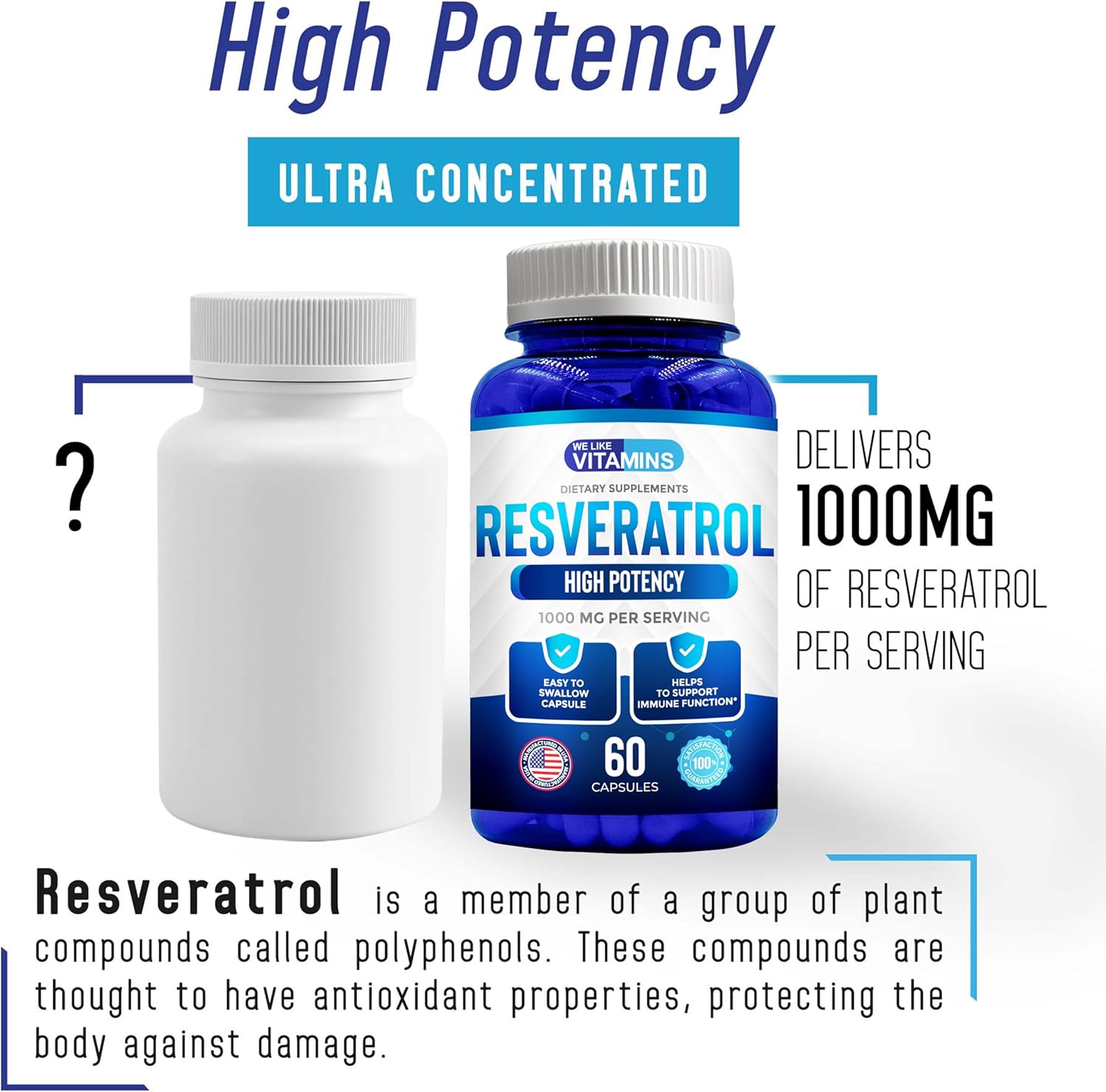 Natural Resveratrol Supplement 1000mg - 60 Veggie Capsules - Anti-Aging & Immune Support Formula