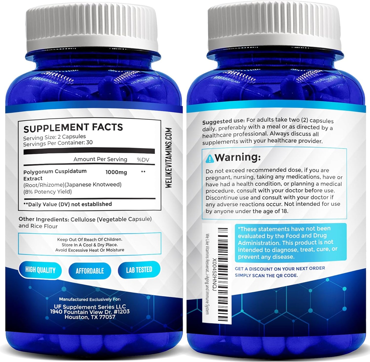 Natural Resveratrol Supplement 1000mg - 60 Veggie Capsules - Anti-Aging & Immune Support Formula