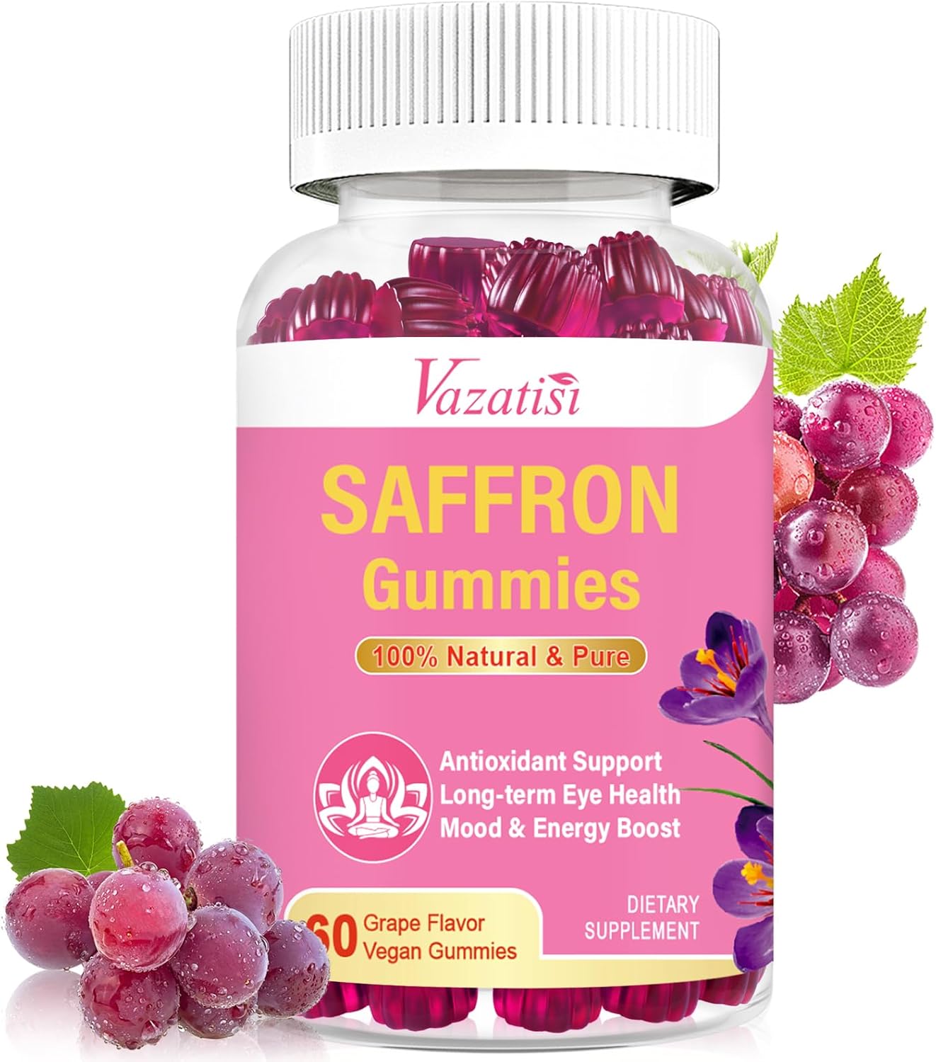 Natural Saffron Gummies with Saffron Extract 100mg, Magnesium, GABA, Rhodiola - Mood, Focus, Vision, Energy - NonGMO Vegan - 60 Gummies, 30 Day Supply