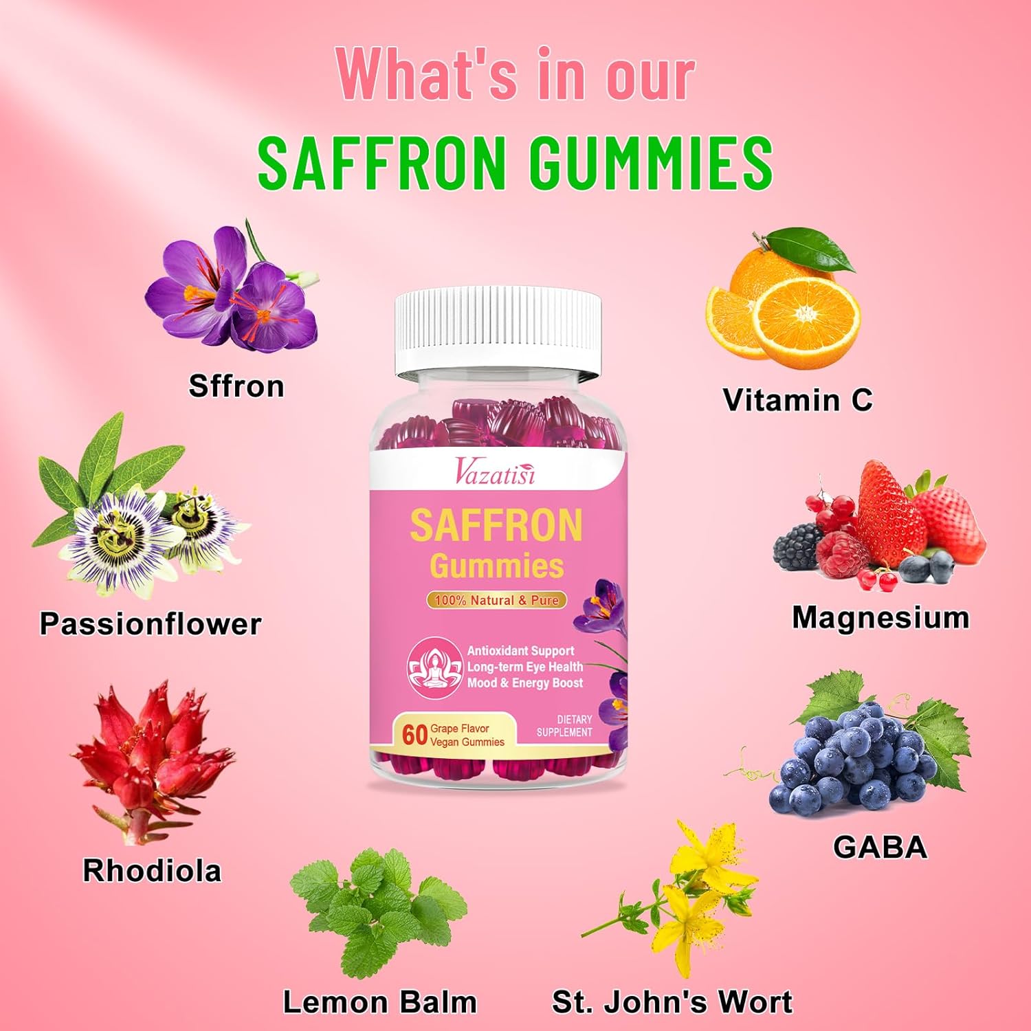 Natural Saffron Gummies with Saffron Extract 100mg, Magnesium, GABA, Rhodiola - Mood, Focus, Vision, Energy - NonGMO Vegan - 60 Gummies, 30 Day Supply