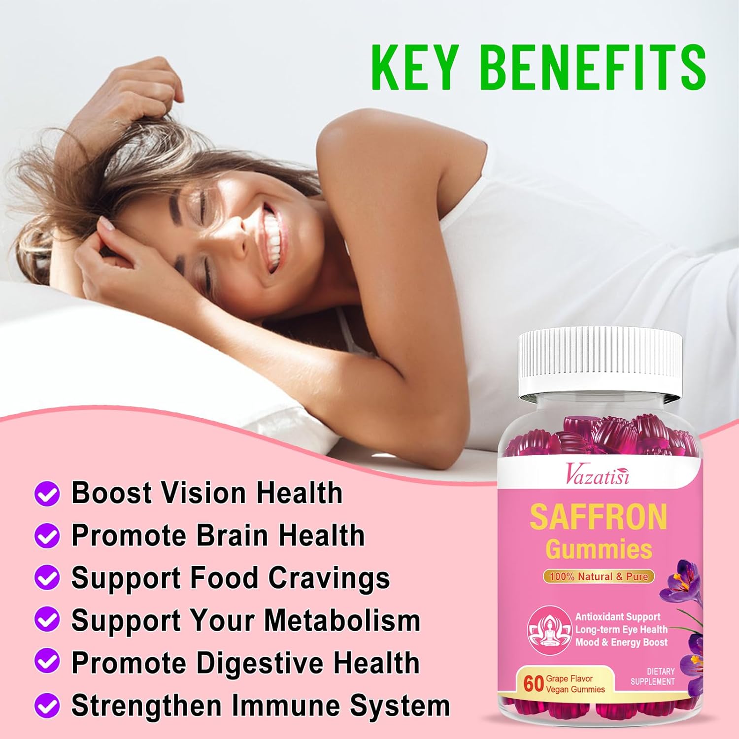 Natural Saffron Gummies with Saffron Extract 100mg, Magnesium, GABA, Rhodiola - Mood, Focus, Vision, Energy - NonGMO Vegan - 60 Gummies, 30 Day Supply