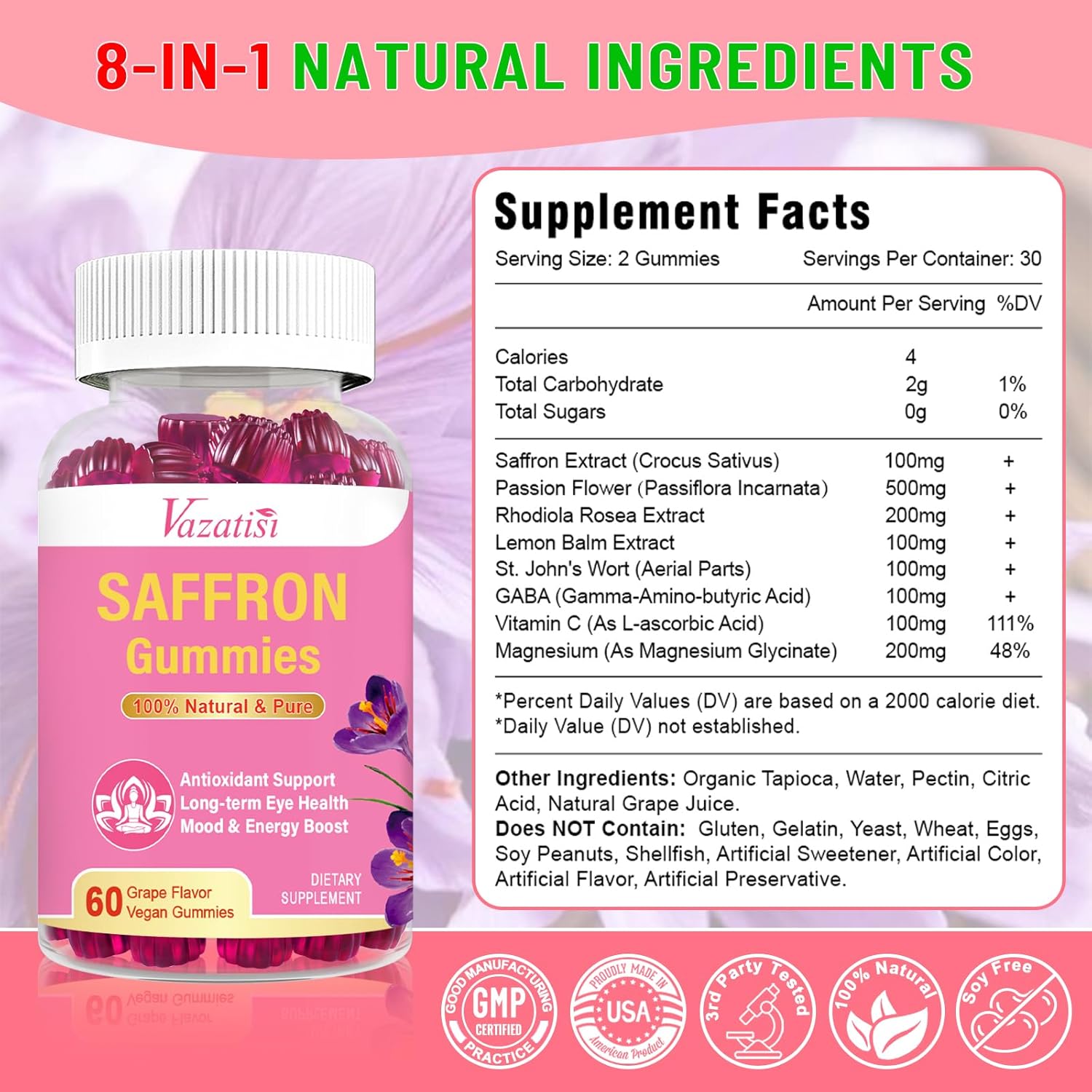 Natural Saffron Gummies with Saffron Extract 100mg, Magnesium, GABA, Rhodiola - Mood, Focus, Vision, Energy - NonGMO Vegan - 60 Gummies, 30 Day Supply