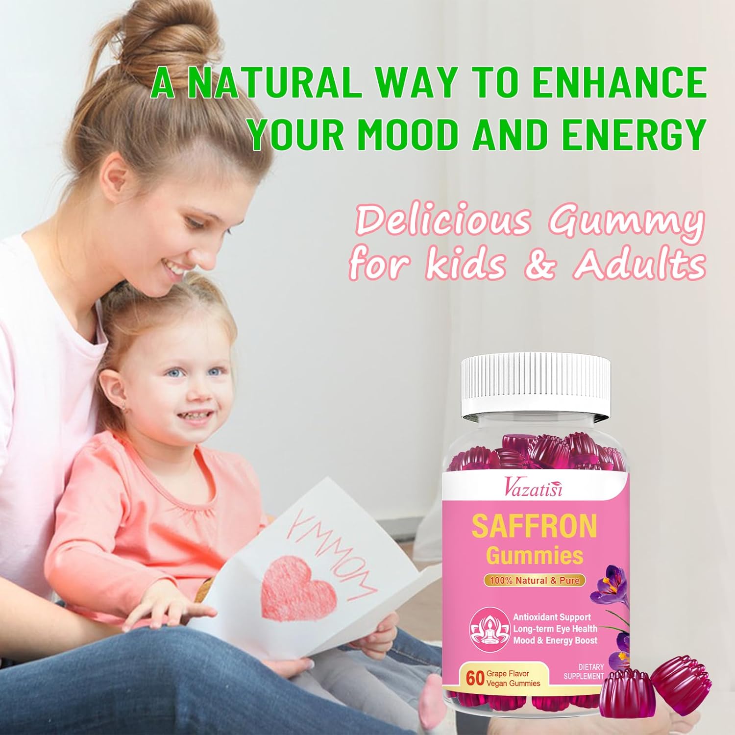 Natural Saffron Gummies with Saffron Extract 100mg, Magnesium, GABA, Rhodiola - Mood, Focus, Vision, Energy - NonGMO Vegan - 60 Gummies, 30 Day Supply