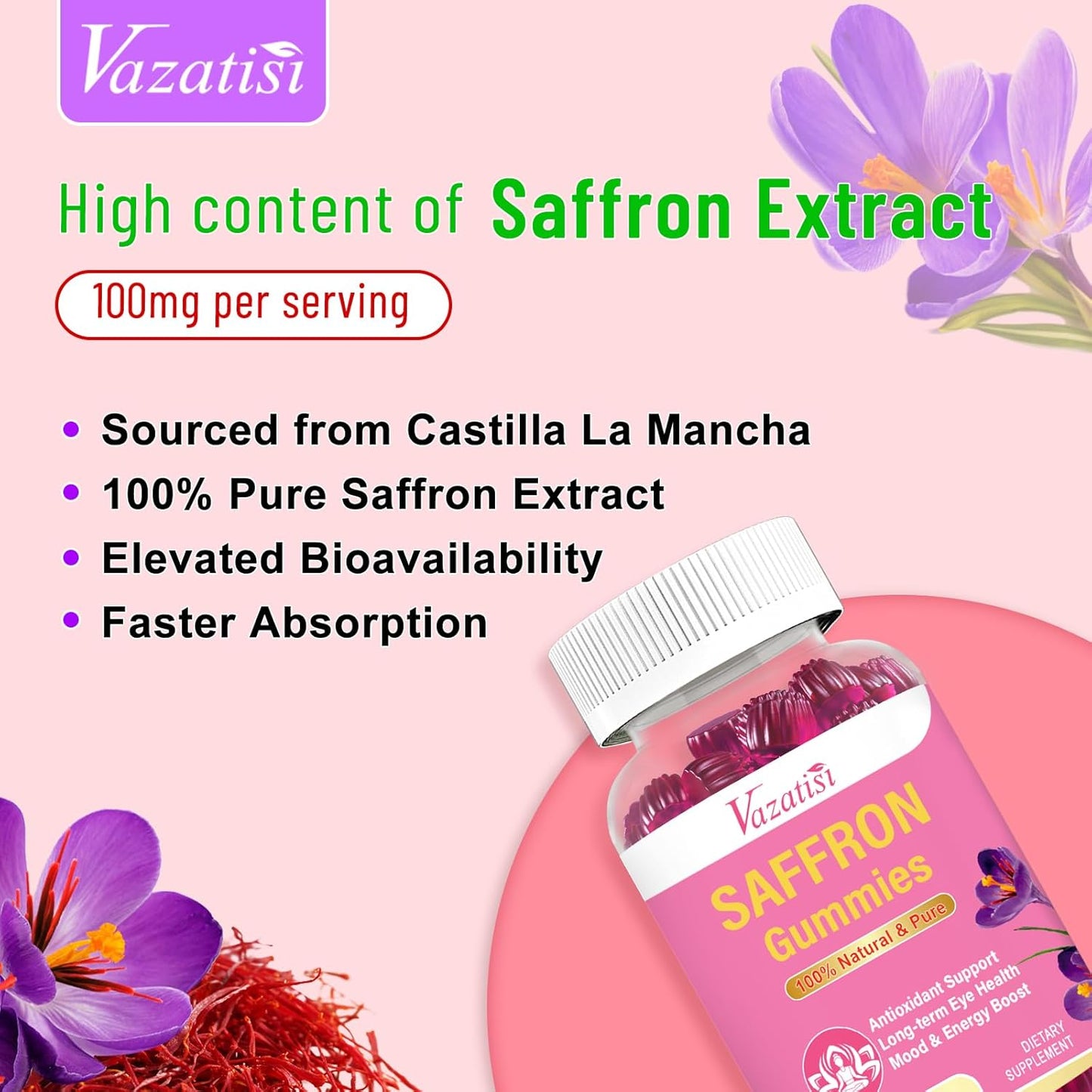 Natural Saffron Gummies with Saffron Extract 100mg, Magnesium, GABA, Rhodiola - Mood, Focus, Vision, Energy - NonGMO Vegan - 60 Gummies, 30 Day Supply