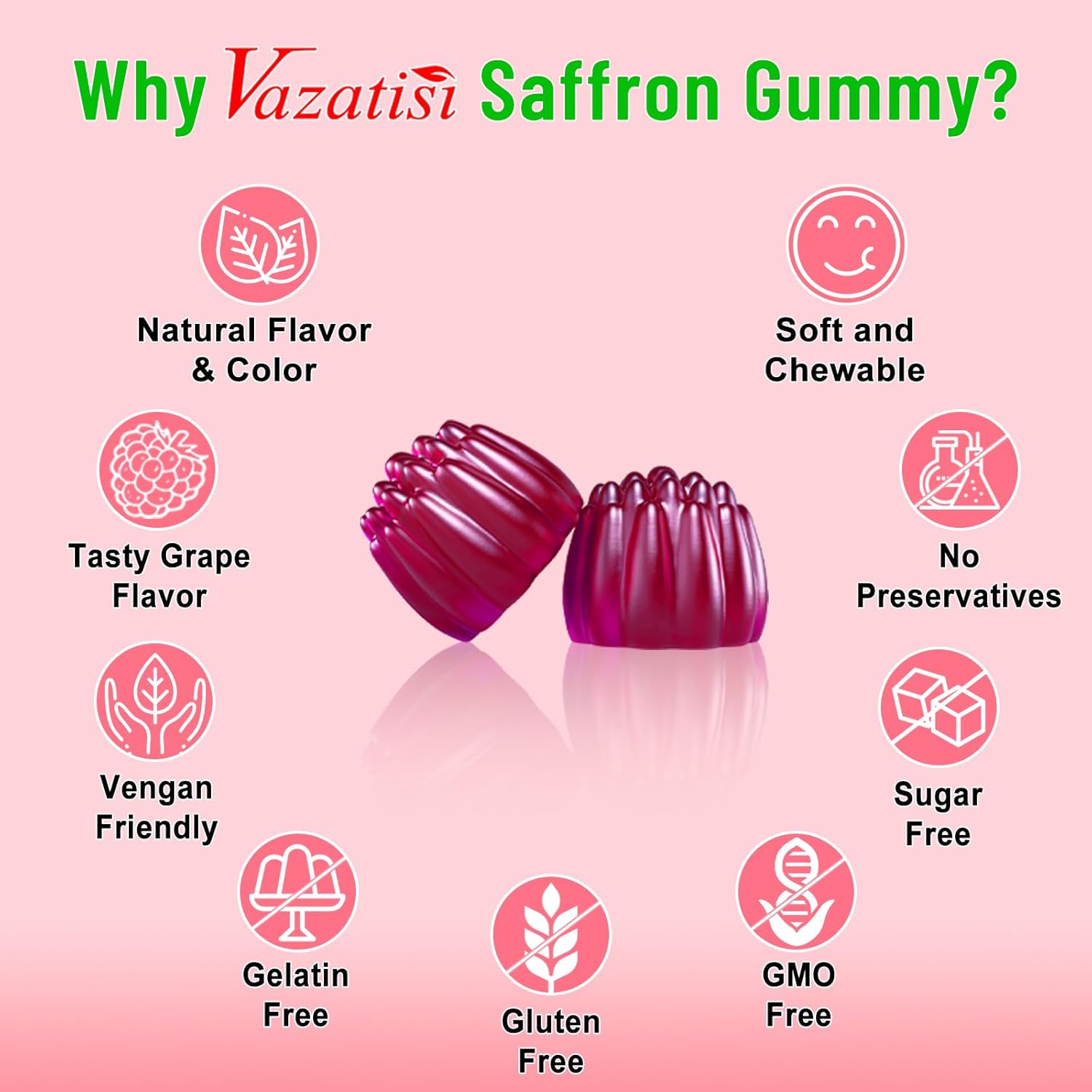 Natural Saffron Gummies with Saffron Extract 100mg, Magnesium, GABA, Rhodiola - Mood, Focus, Vision, Energy - NonGMO Vegan - 60 Gummies, 30 Day Supply