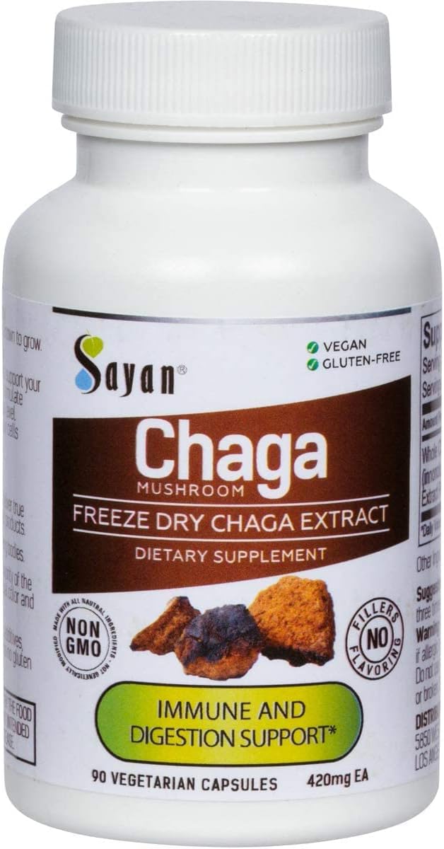 Natural Sayan Siberian Chaga Mushroom Extract Capsules - Antioxidant Supplement for Immune Support - Vegan & Non-GMO - 90 Capsules