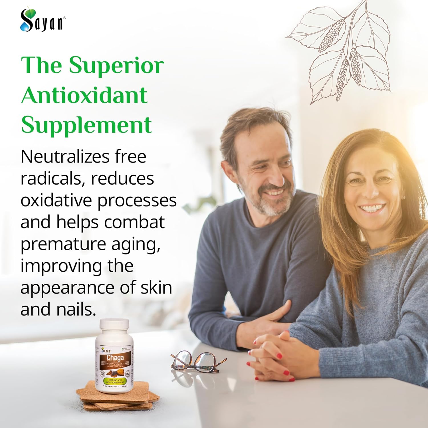 Natural Sayan Siberian Chaga Mushroom Extract Capsules - Antioxidant Supplement for Immune Support - Vegan & Non-GMO - 90 Capsules