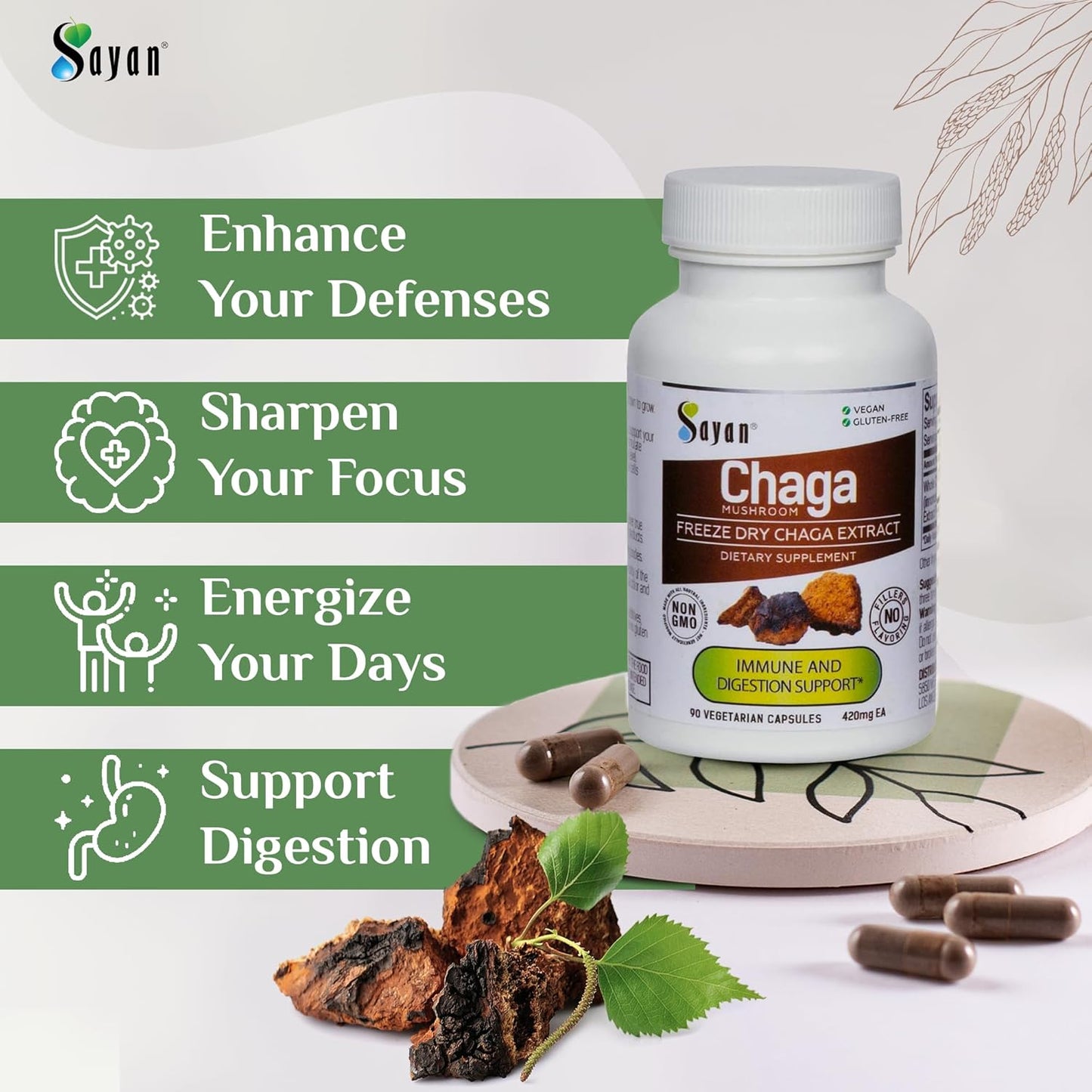 Natural Sayan Siberian Chaga Mushroom Extract Capsules - Antioxidant Supplement for Immune Support - Vegan & Non-GMO - 90 Capsules