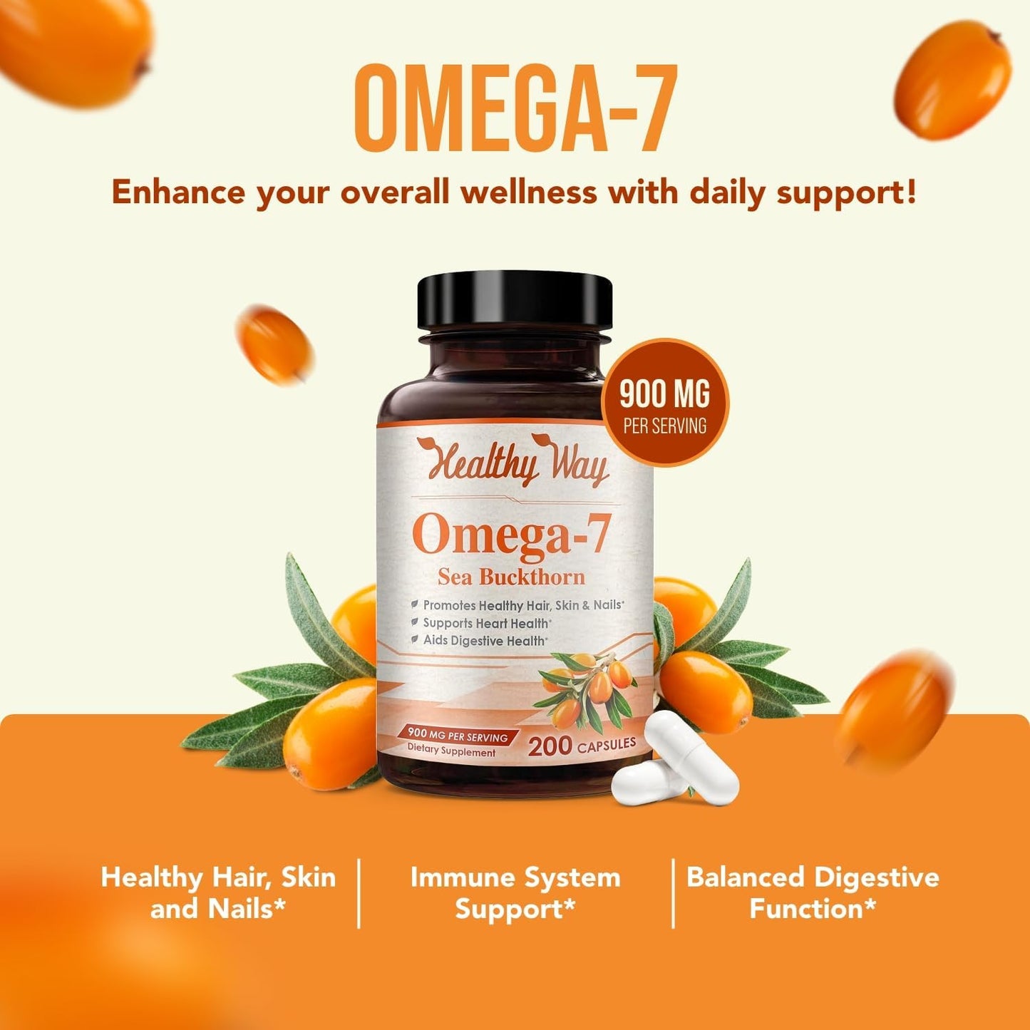 Natural Sea Buckthorn Oil Capsules - 900mg Omega 7 Fatty Acids Supplement (200 Count) - Made in USA, NON-GMO & Healthy