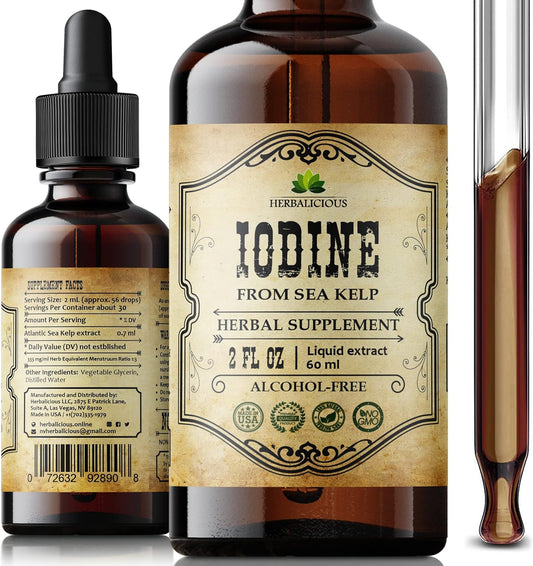 Natural Sea Kelp Drops for Thyroid Support and Energy Boost - Liquid Iodine Supplement - Vegetarian Formula - 2oz Bottle