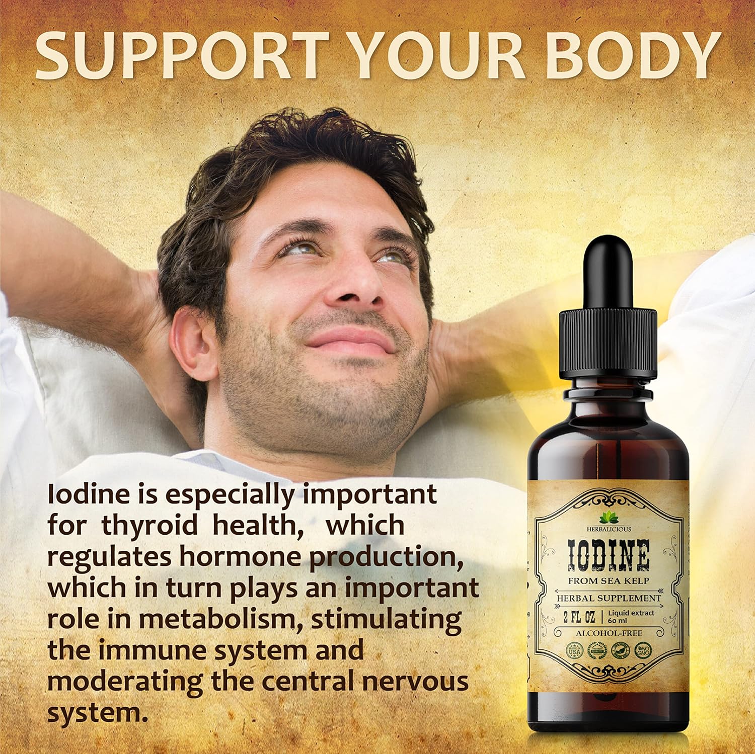 Natural Sea Kelp Drops for Thyroid Support and Energy Boost - Liquid Iodine Supplement - Vegetarian Formula - 2oz Bottle