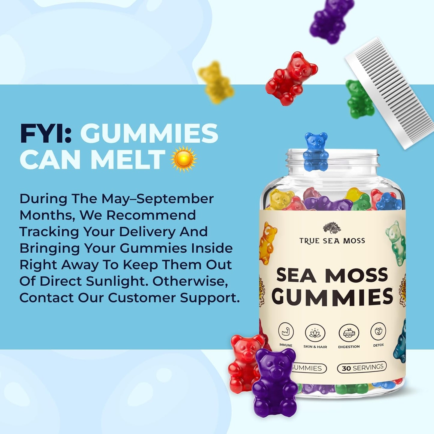 Natural Sea Moss Gummies with Irish Sea Moss, Burdock Root, and Bladderwrack - 60 Gummies for Immune Support, Healthy Skin & Hair, Detox - Kids & Adults - Made in USA