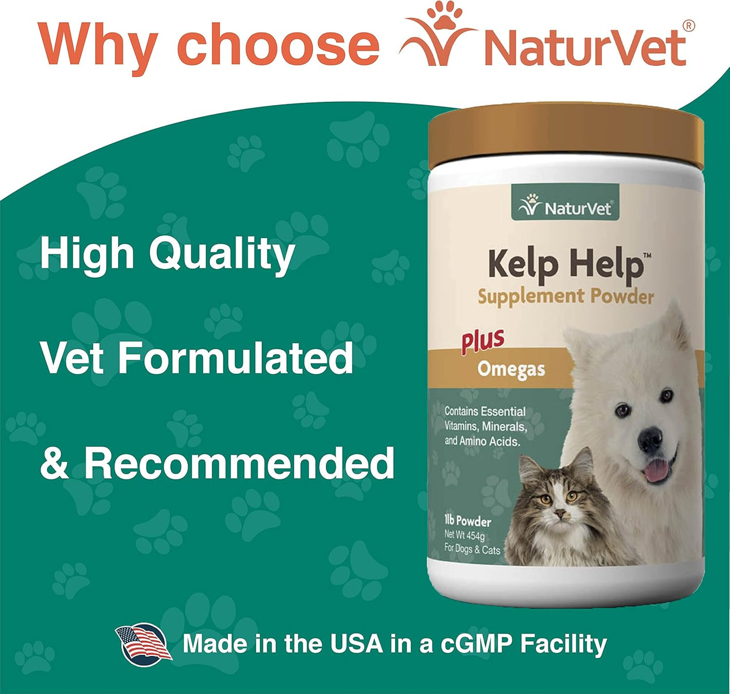 Natural Skin and Coat Supplement Powder for Dogs and Cats with Kelp, Omegas, and USA-Sourced Ingredients - 1 Pound