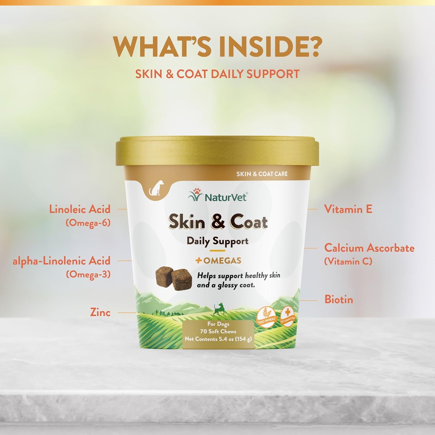 Natural Skin, Coat, and Breath Aid Soft Chews for Dogs - 70 Count, Made in USA with Global Ingredients