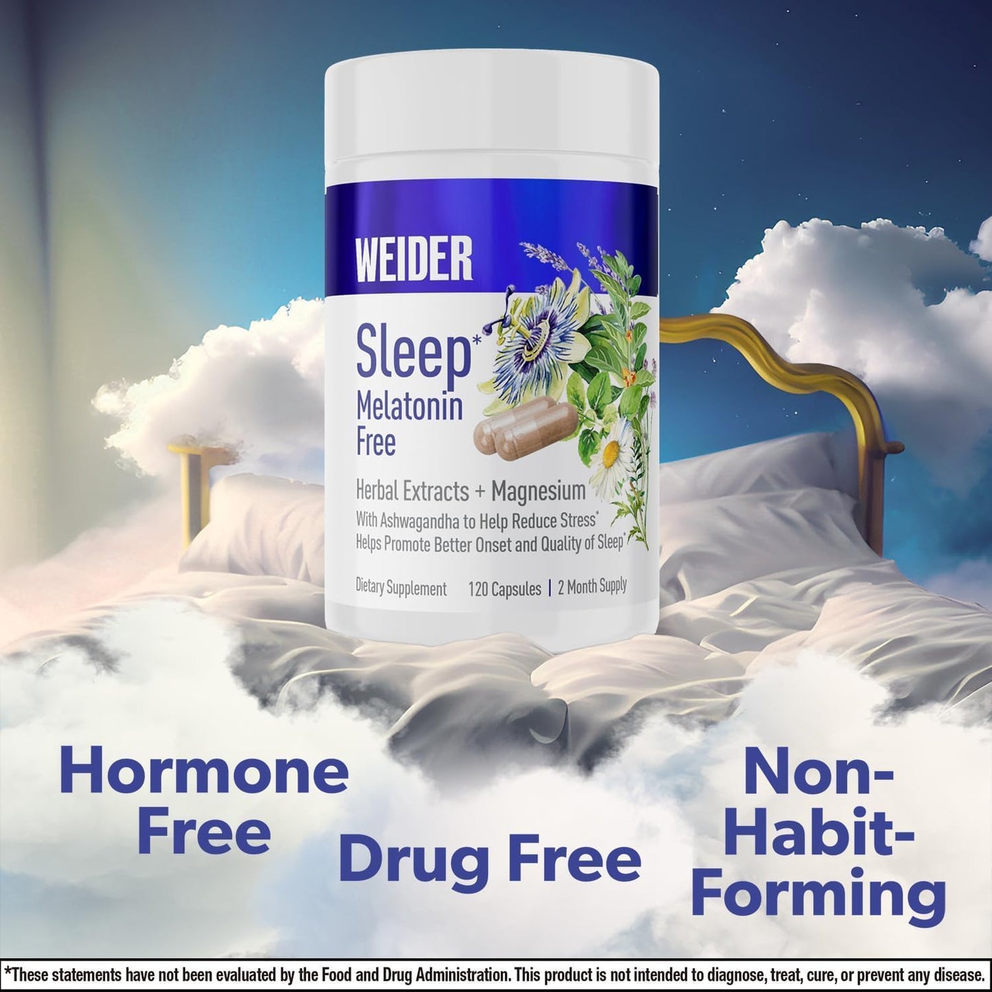 Natural Sleep Aid Supplement with Ashwagandha, Magnesium, Lavender, Lemon Balm - Non-Habit Forming - 120ct
