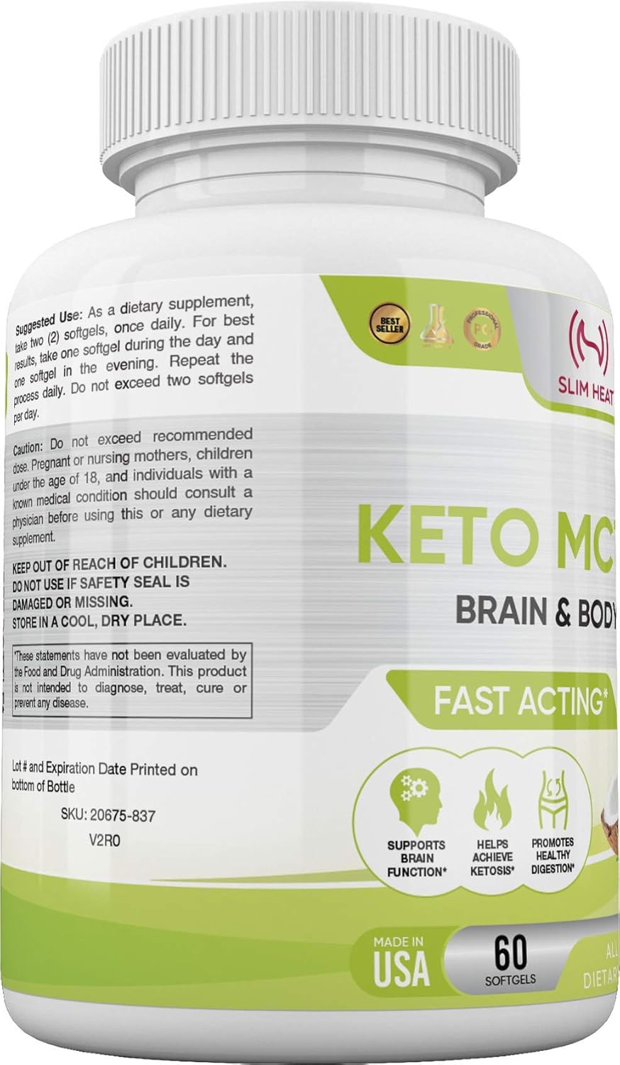 Natural Slim Heat Keto MCT Oil Capsules for Fast Ketosis Brain & Body Fuel - Non-GMO, Made in USA - 30 Day Supply for Men & Women