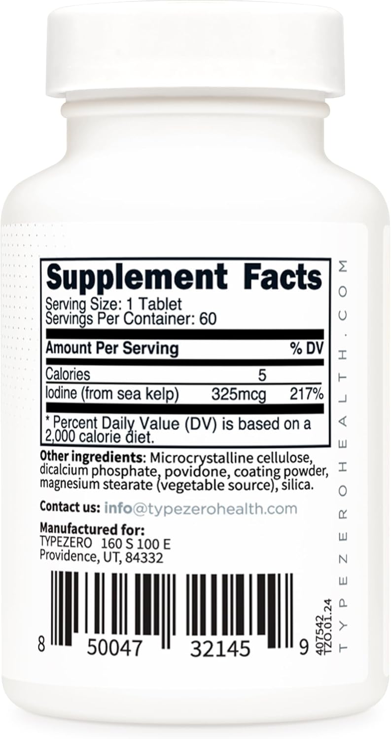 Natural Source of Iodine: Type Zero Clean Kelp Tablets (60 Servings, 325 MCG Per Serving) - Non-GMO & Gluten Free