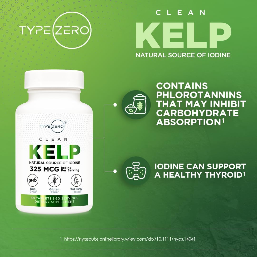 Natural Source of Iodine: Type Zero Clean Kelp Tablets (60 Servings, 325 MCG Per Serving) - Non-GMO & Gluten Free