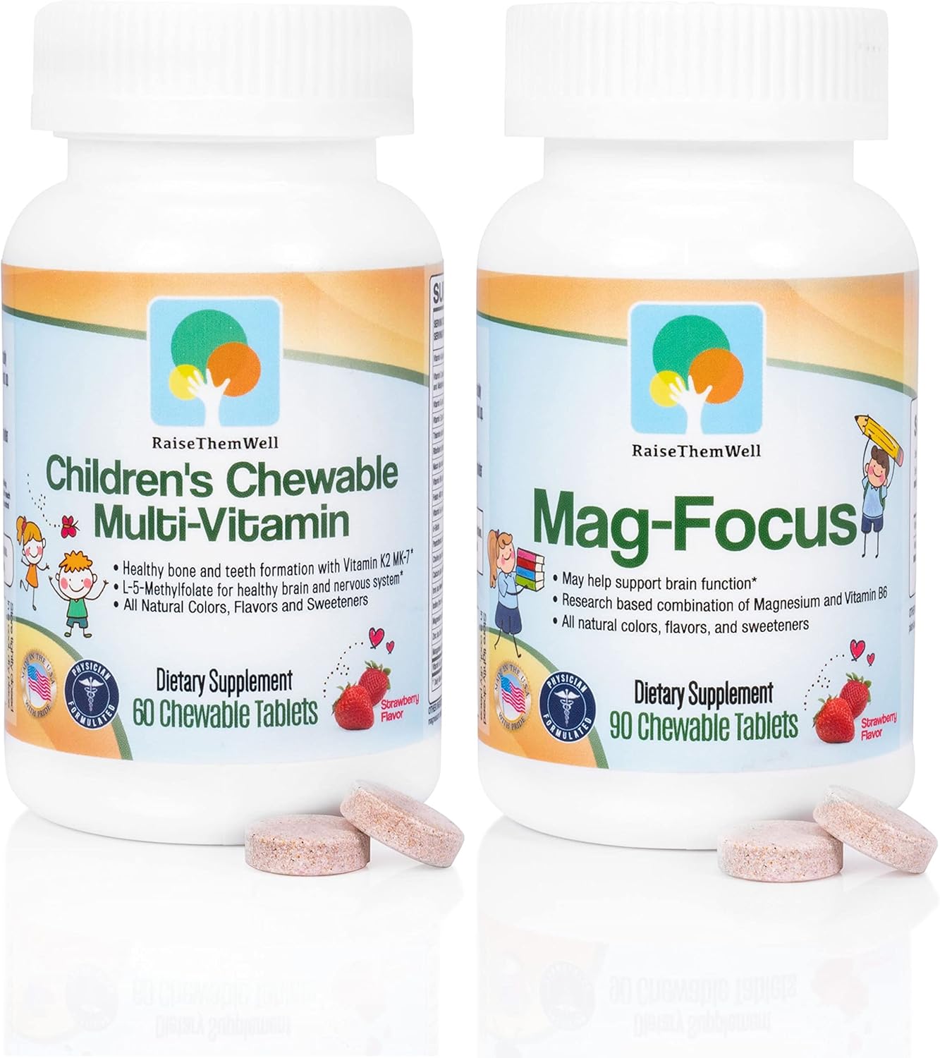 Natural Strawberry Flavored Magnesium & B-6 Kids Focus Supplements Bundle | Chewable Multivitamin for Kids with Magnesium Citrate & Delicious Taste
